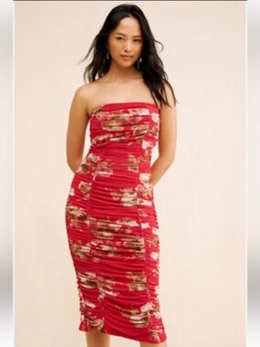 Anthropologie Red Strapless Floral Ruched Midi Dress